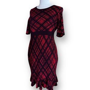 Nina Leonard Ruffle Hem Knit Sweater Dress size Large Red Black Geometric
